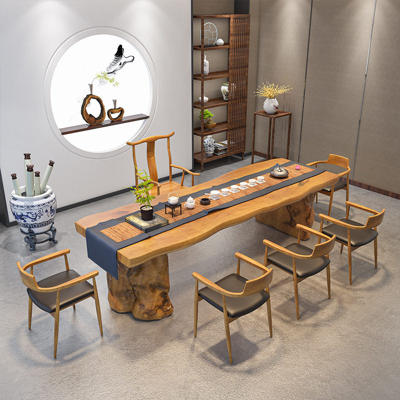 新中式实木泡茶桌椅组合家用客厅不规则边大板茶桌茶楼茶室喝茶桌