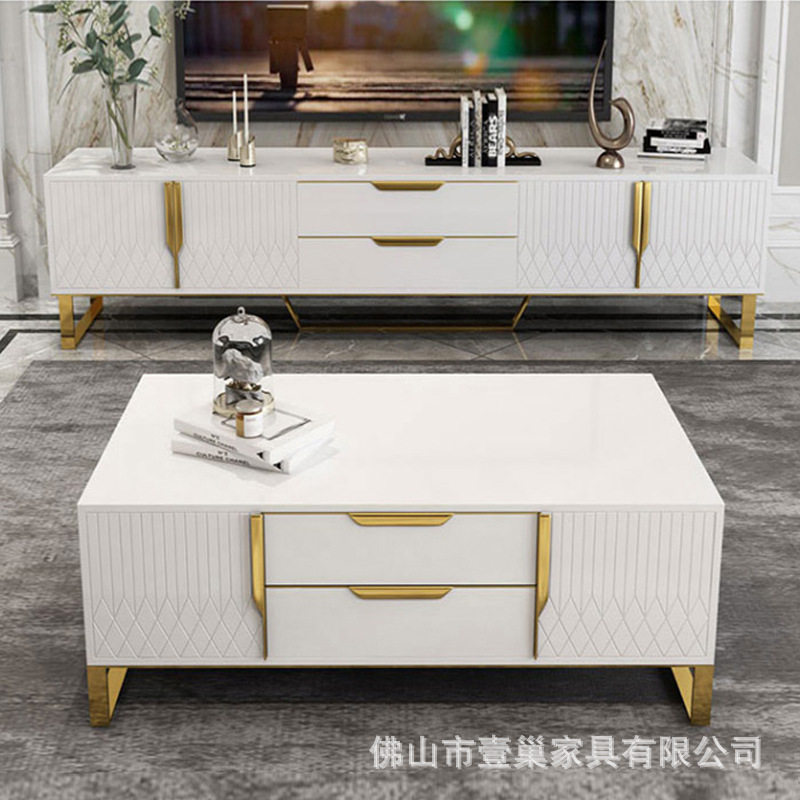 后现代简约镀金不锈钢茶几电视柜简约轻奢烤漆钢化玻璃茶几电视柜