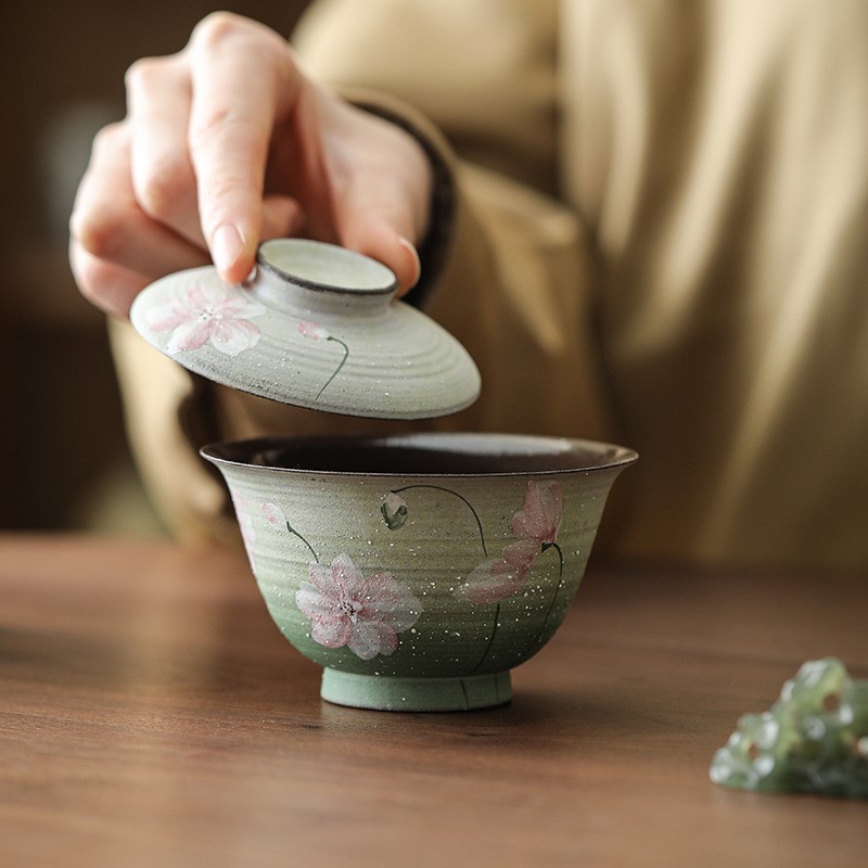 手绘青澜粗陶二才盖碗茶杯单个女士泡茶专用茶碗带盖茶具新款