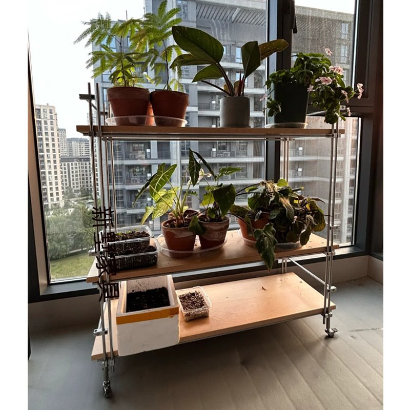 新墅简约现代不锈钢花架阳台置物架子多层木板光轴架子客厅落地式