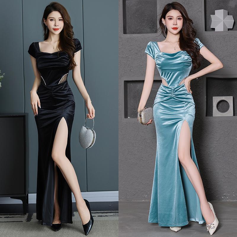 祁盛性感秋冬丝绒修身长裙