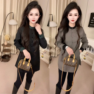 欧货气质衬衫女2025冬季洋气撞色圆领减龄显瘦设计感中长款衬衣裙