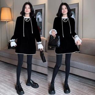 高级感蕾丝拼接金丝绒连衣裙女2025秋冬洋气减龄显瘦喇叭袖 中长裙