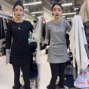 韩版长袖T恤女2025冬季设计感中长款修身显瘦百搭减龄遮肚打底衫