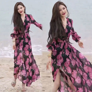 欧货时尚 设计感收腰显瘦高级感气质V领碎花长裙 连衣裙女2025夏季