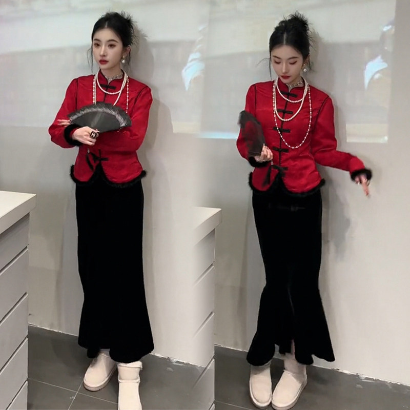 中国风时尚套装女2025春季新款加绒长袖拼接毛毛唐装半身裙两件套,女装/女士精品,时尚套装,淘宝优惠券,粉丝福利购,淘宝优惠卷