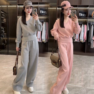 慵懒风休闲运动时尚套装女2026春秋糖果色V领卫衣+阔腿裤两件套潮