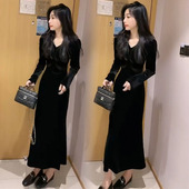 欧货丝绒连衣裙女2025秋冬洋气减龄显瘦高级感重工钉珠长袖 裙子潮