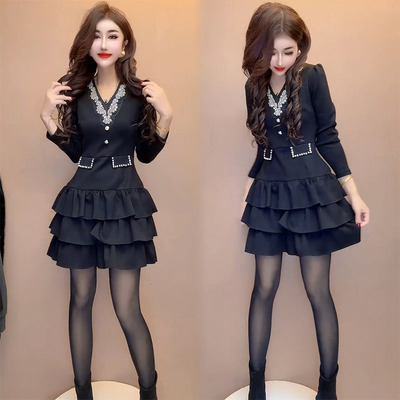 欧货气质重工烫钻连衣裙蓬蓬裙潮