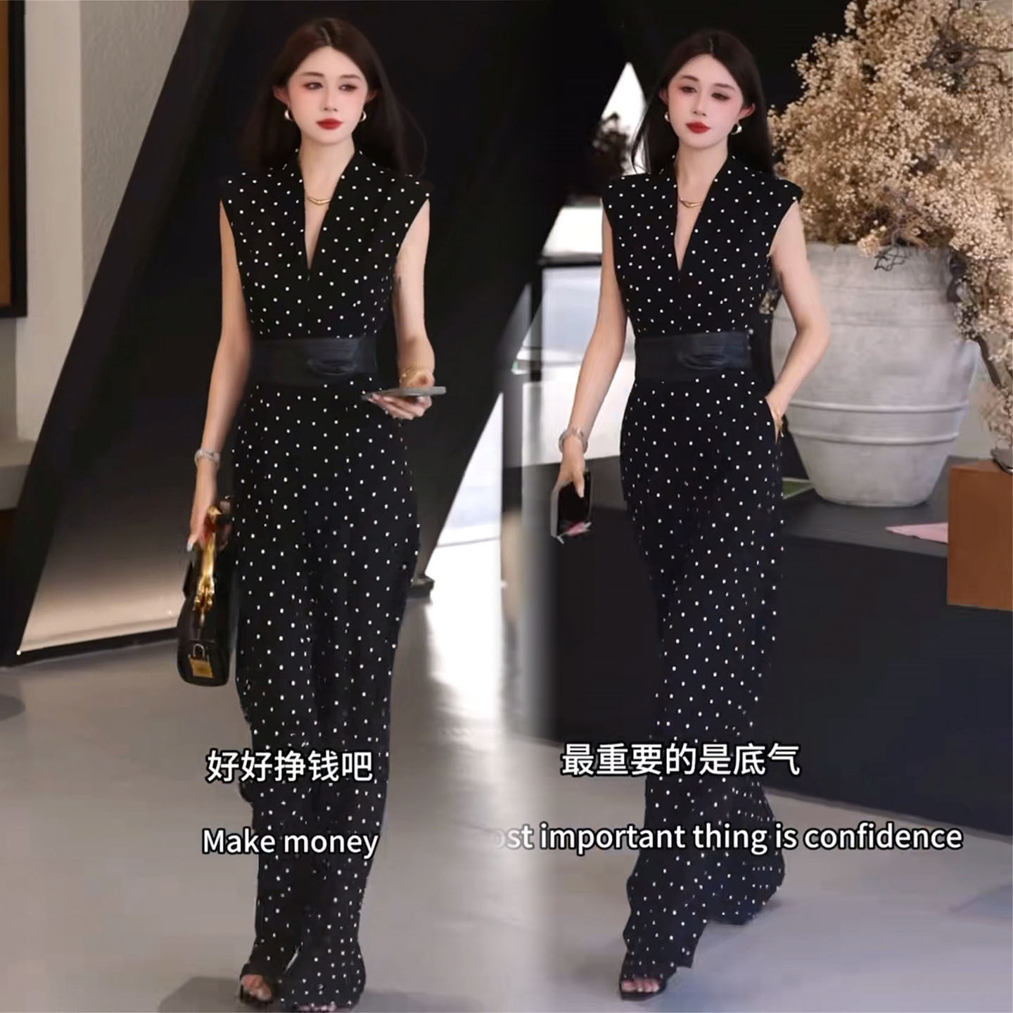 法式波点连体裤女26夏季V领无袖高腰显瘦阔腿裤高级感气质连衣裤