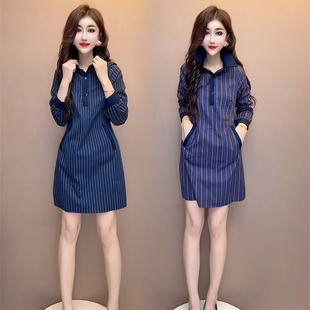欧货气质条纹连衣裙女2025秋冬洋气设计感简约显瘦polo领衬衫 裙潮
