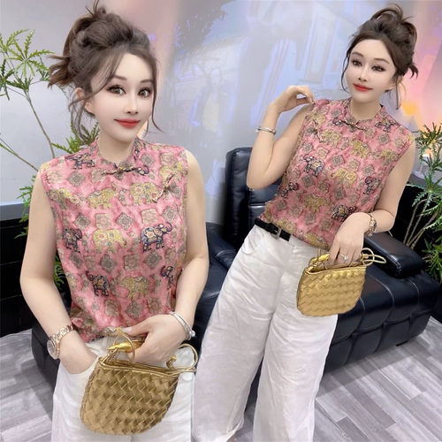 新中式无袖立领显瘦花色衬衫女夏
