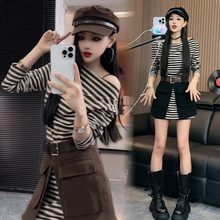 套装 连衣裙 女2025秋季 设计感一字肩条纹长袖 围裙两件套 新款 时尚