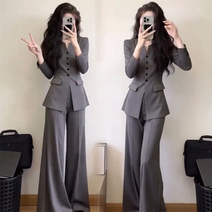 时尚 显瘦西服阔腿裤 套装 修身 两件套高级感 女2026春季 轻奢通勤西装