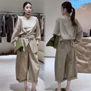 慵懒风气质时尚套装女2026秋季系带立领衬衫收腰九分阔腿裤两件套