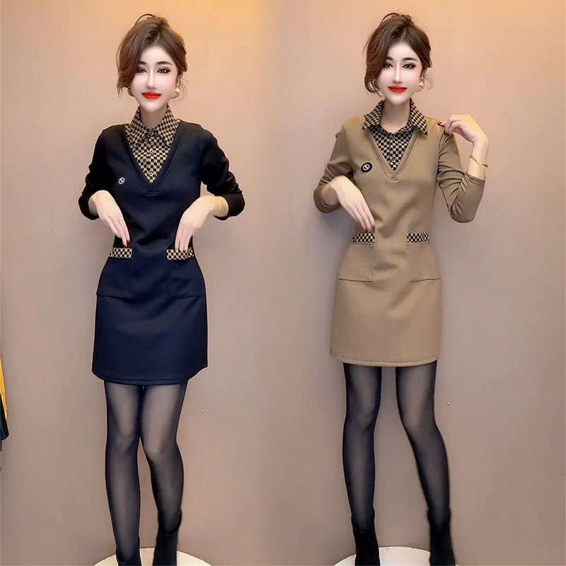 通勤气质衬衫领假两件连衣裙女2025冬季洋气显瘦减龄中长款打底裙