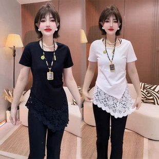 显瘦不规则下摆打底衫 修身 高级感上衣潮 T恤女202夏季 蕾丝拼接短袖
