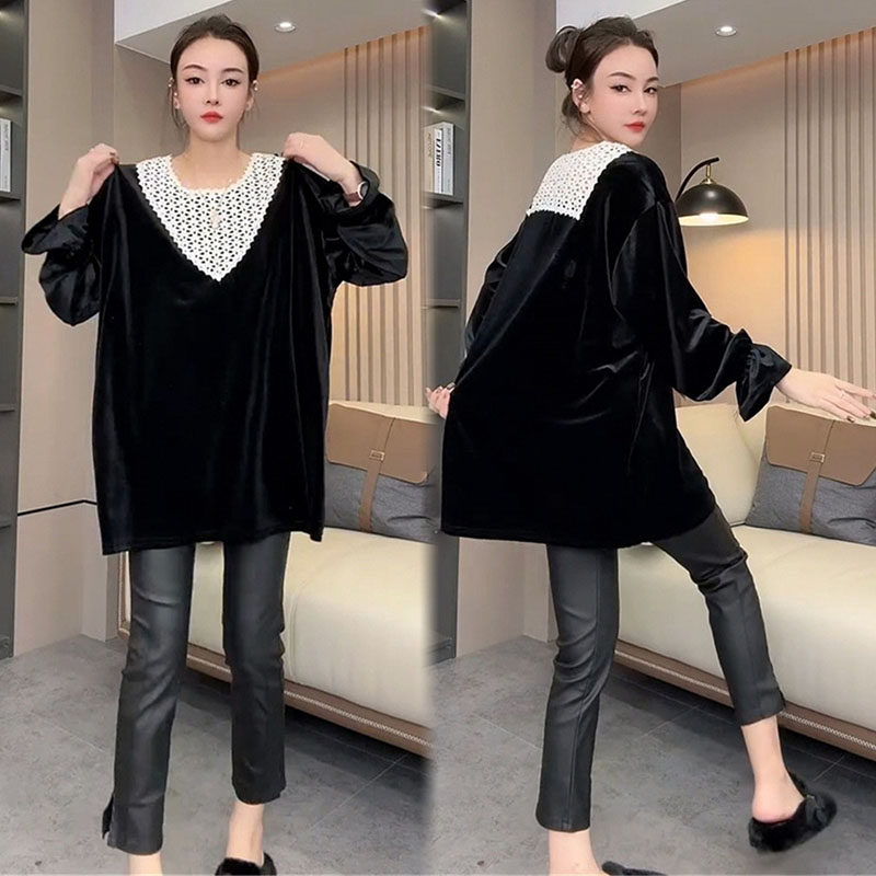 欧货丝绒t恤女25秋冬洋气减龄高级感宽松显瘦设计感中长款大衫潮