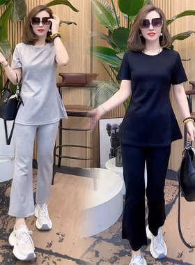 欧货休闲时尚套装女2025早秋简约洋气短袖中长t恤微喇裤两件套夏