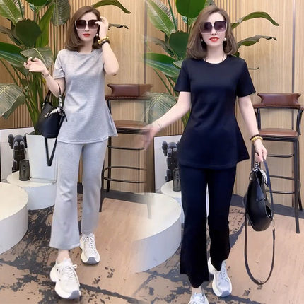 欧货休闲时尚套装女2025早秋简约洋气短袖中长t恤微喇裤两件套夏