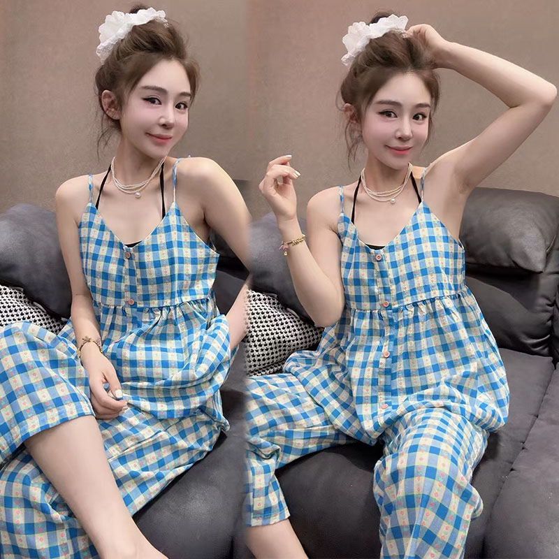 甜美格子睡衣家居服套装女25夏季洋气法式性感舒适吊带裤子两件套