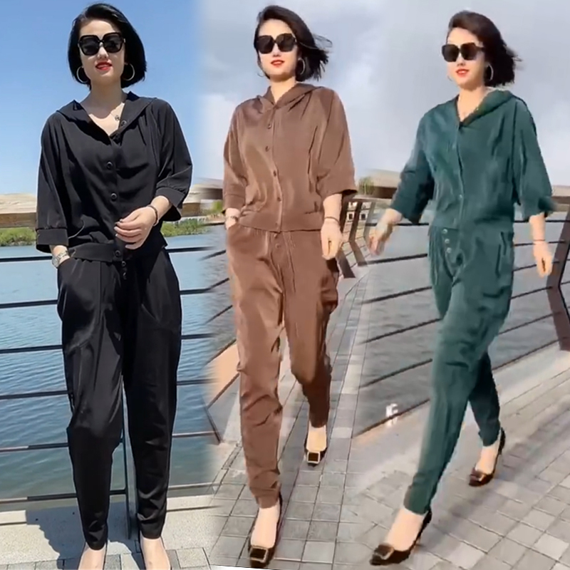 休闲连帽洋气宽松开衫醋酸两件套