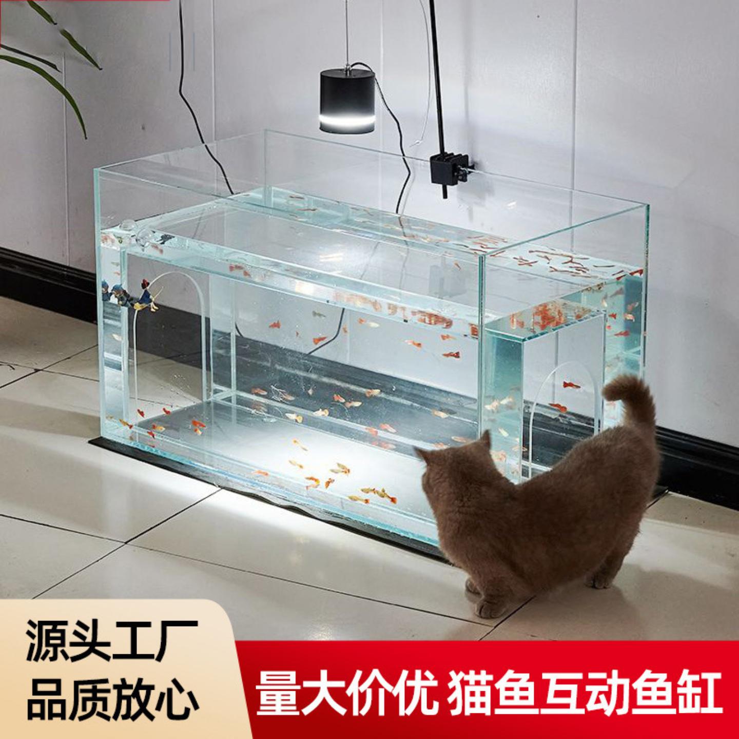 小猫观赏鱼缸超白玻璃隧道双孔