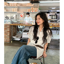 DaqianwithU 白色天丝亚麻口袋衬衫裙女夏季薄款休闲短袖宽松衬衣