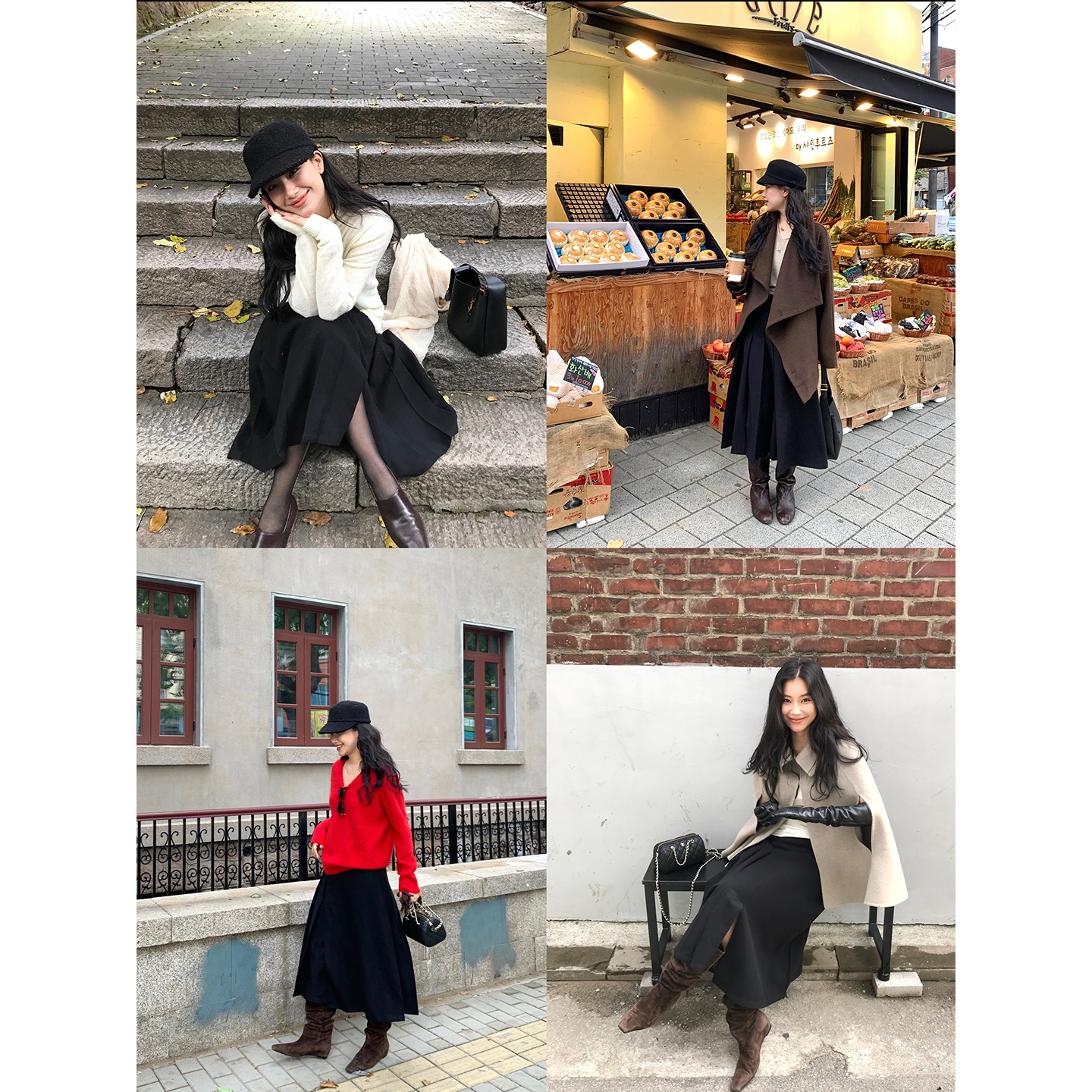 DaqianwithU 黑色百褶呢子半身裙女秋冬休闲百搭高腰A字显瘦长裙