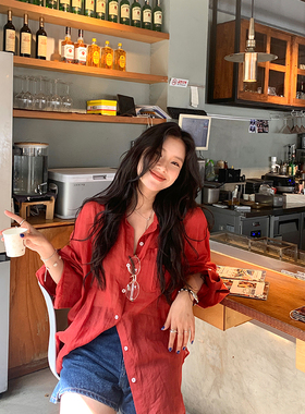 DaqianwithU100苎麻透气红色黑色衬衫女通勤显瘦复古小众长袖衬衣