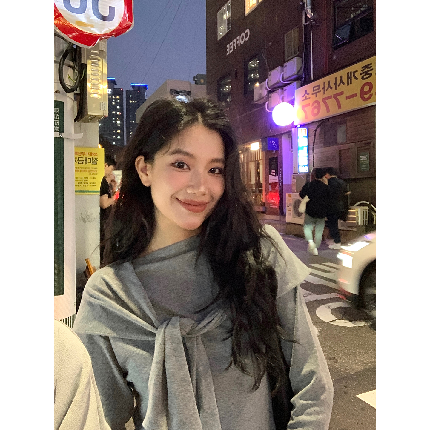 DaqianwithU 灰色不规则披肩假两件长袖针织上衣女秋冬显瘦T恤