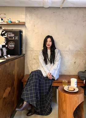 DaqianwithU 斜纹蓝灰格纹磨毛半身裙女2025新款秋冬加厚A字裙
