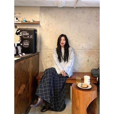 DaqianwithU 斜纹蓝灰格纹磨毛半身裙女2025新款秋冬加厚A字裙