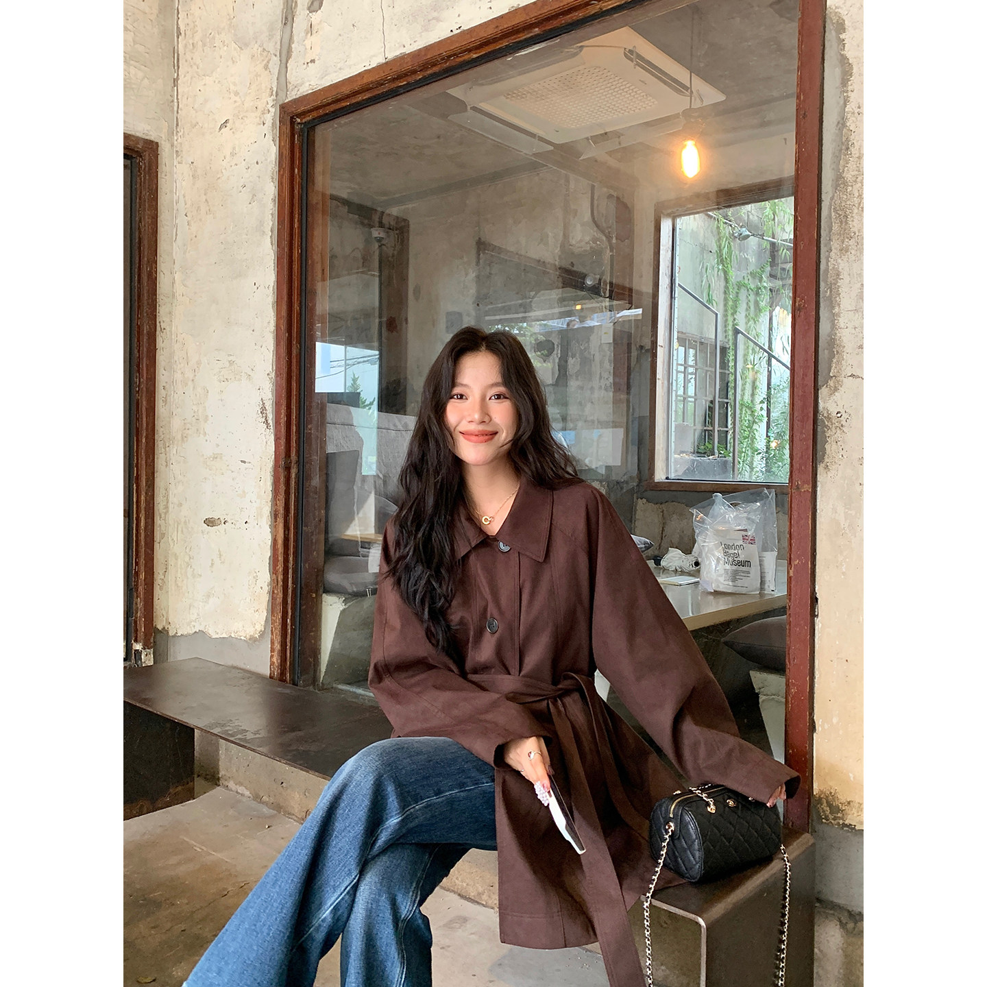 DaqianwithU 棕色百搭收腰麂皮风衣女秋冬季通勤百搭显瘦保暖上衣,女装/女士精品,风衣,淘宝优惠券,粉丝福利购,淘宝优惠卷