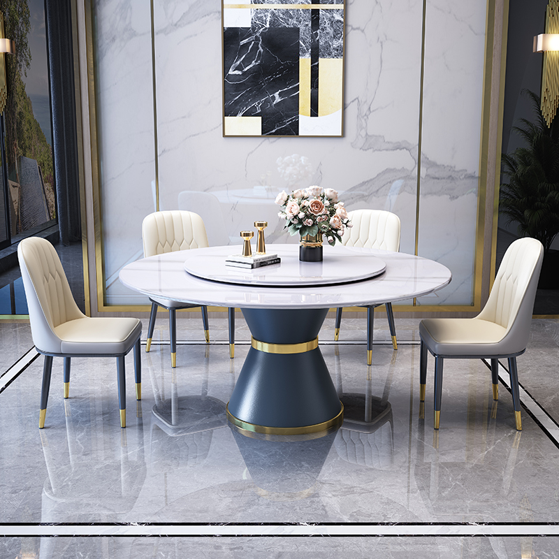 大理石岩板餐桌椅组合小户型家用现代简约K轻奢带转盘大圆桌饭桌