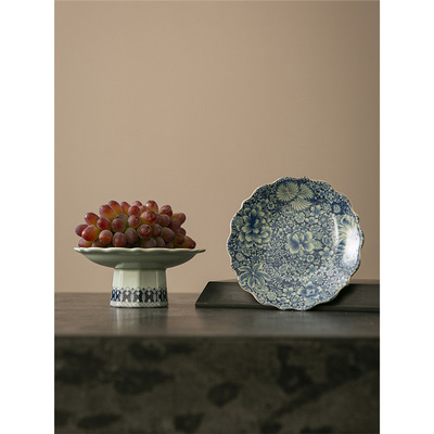 中式陶瓷汝窑高脚干果盘青花