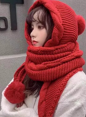红色毛线帽子围巾一体女秋冬季