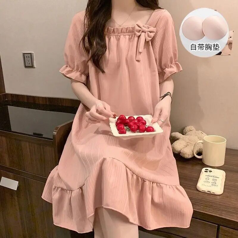 女士睡衣夏新款带胸垫防凸点甜美