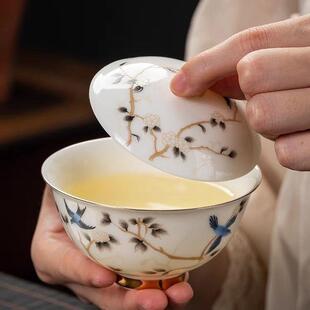 盖碗草长莺飞三才羊脂玉白瓷高档家用功夫泡茶碗防烫茶杯茶碗套组