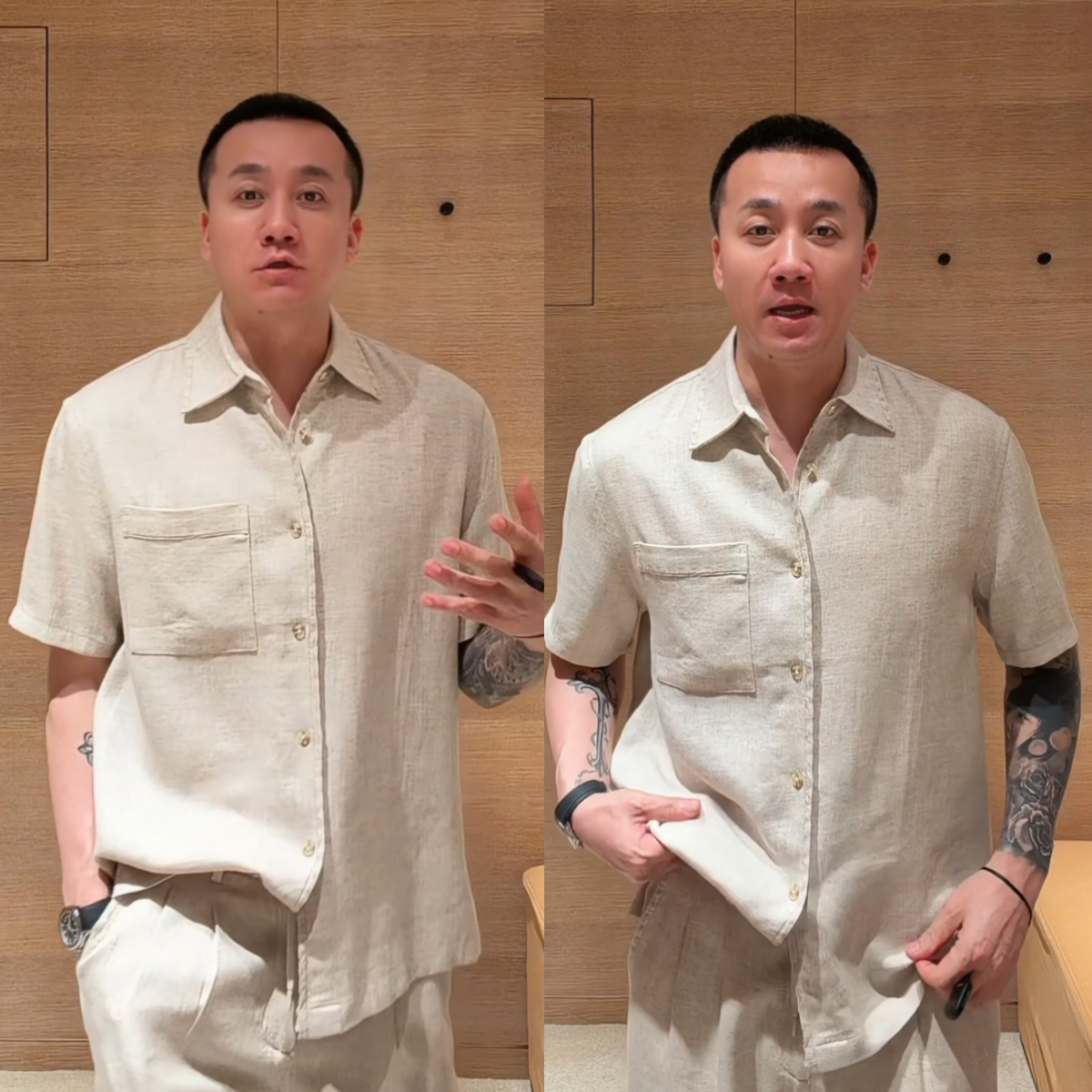 夏季男士老钱风短袖衬衫长裤套装