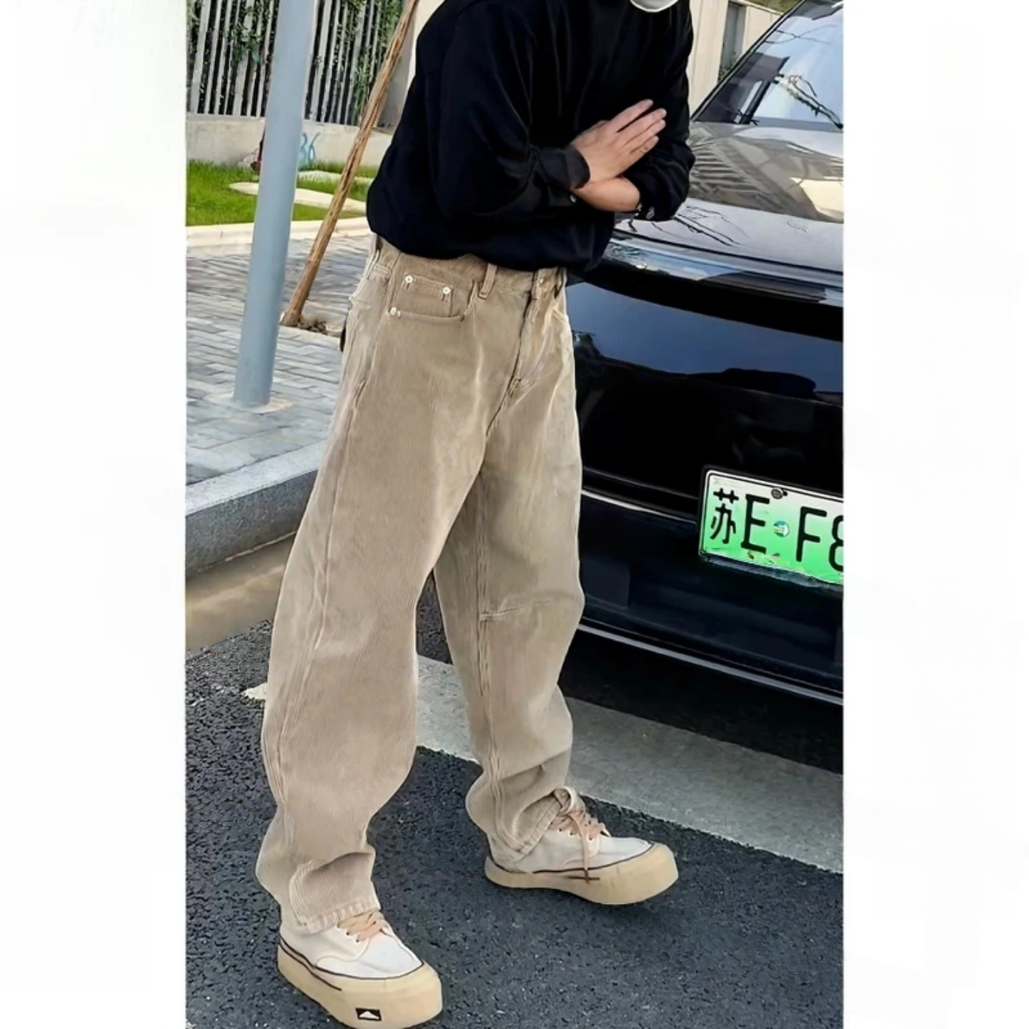 冬季粗坑条灯芯绒休闲裤男加绒加厚保暖美式复古工装裤直筒弯刀裤