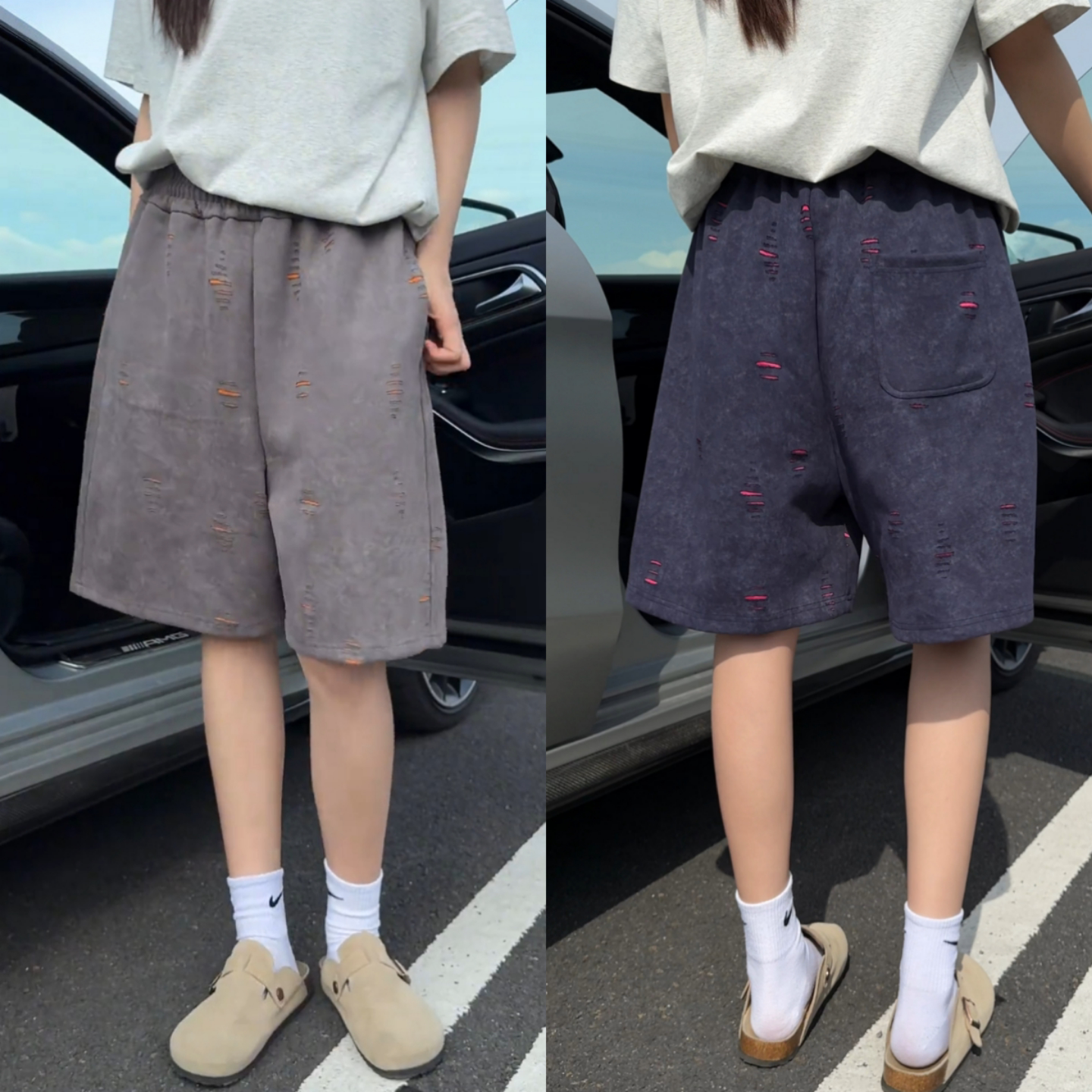 春季新款美式街头个性潮流短裤男中腰直筒撞色破洞款休闲短款卫裤