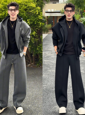 冬季新品重磅美式休闲运动套装秋冬男简约连帽外套直筒卫裤两件套