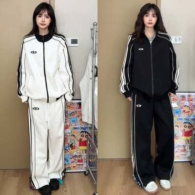 秋季潮牌套装条纹撞色套装情侣款