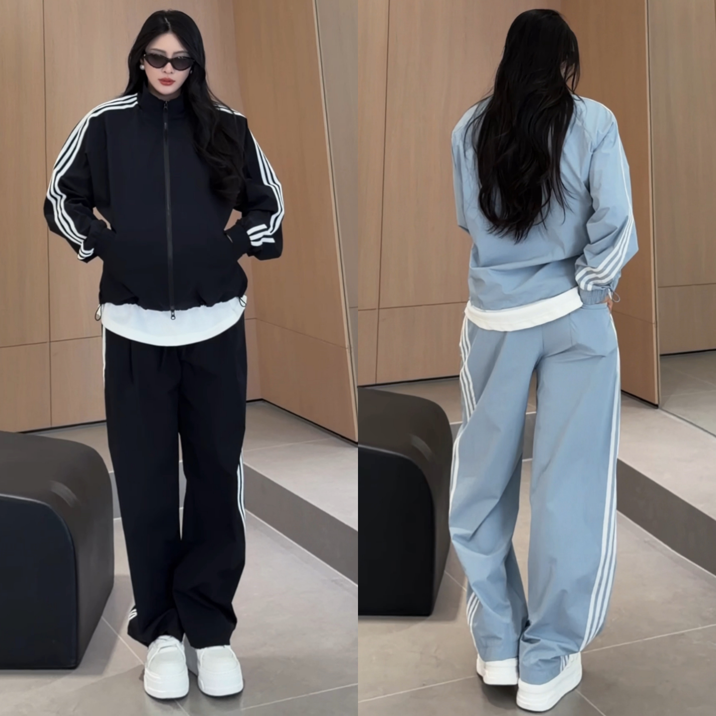 春季运动穿搭条纹外套直筒长裤套装男百搭时尚潮流休闲帅气两件套