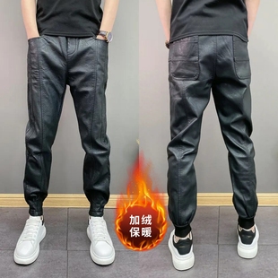 男士加绒保暖PU皮裤冬季新款纯色束脚机车防风休闲裤潮流帅气百搭