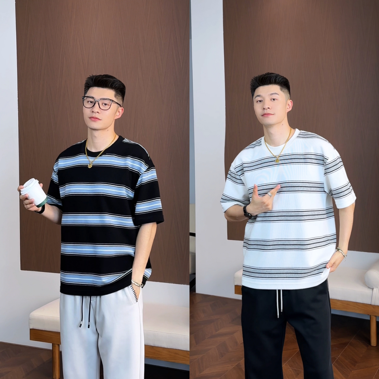 春夏季休闲风撞色条纹短袖T恤男士韩式潮流圆领设计感潮流上衣潮