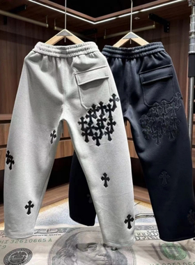 冬季新款高街潮流设计师款十字花设计弯刀休闲裤男士加绒运动卫裤