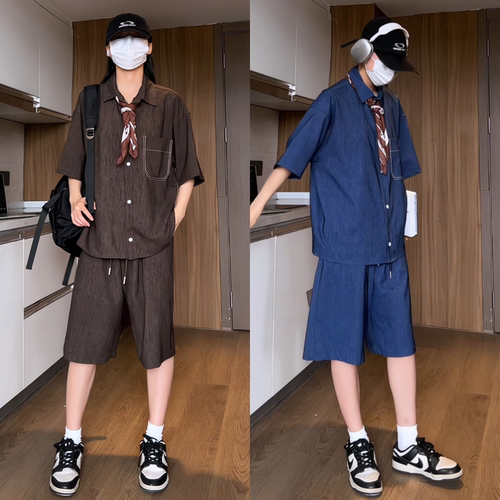 夏季翻领短袖衬衫短裤两件套男士