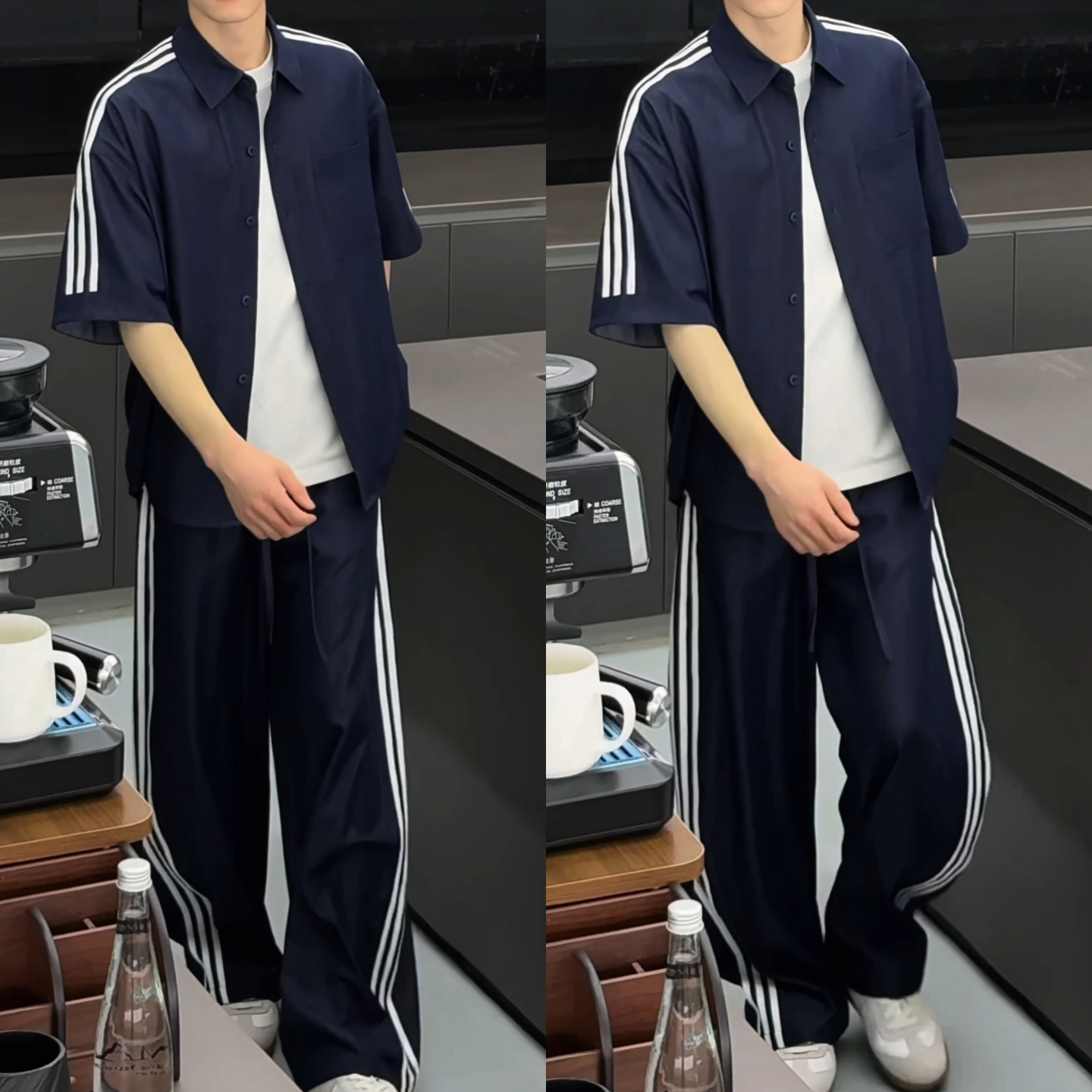 夏季薄款透气条纹牛仔短袖衬衫休闲运动套装男士高级垂感两件套潮